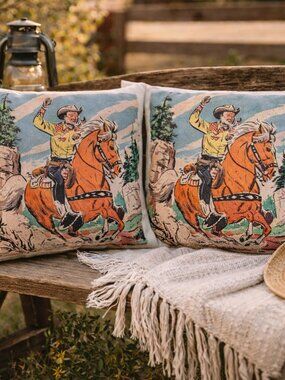 Vintage Inspired Print Cowboy Pillow Covers 18x18 Western Decor Ranch
